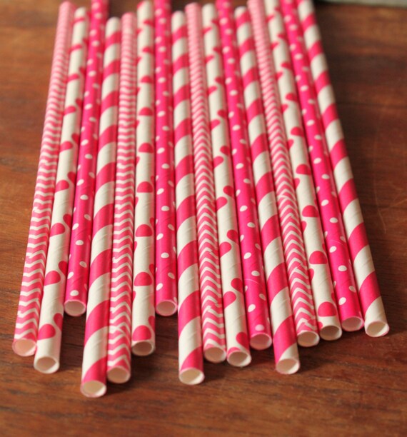 Hot Pink Paper Straws -- Set of 75 -- stripes, dots, chevron -- Bright Pink Drinking Party Straws Il_570xn