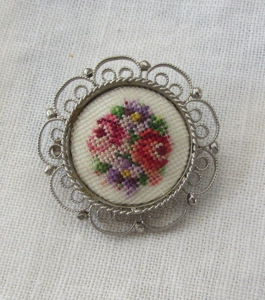 Vintage "Petit Point" Needlework Tapestry Brooch/Pin with Silvertone Filigree Border 1960's