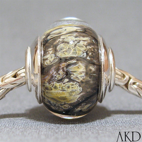 OOAK Big Hole Bead Yellow & Green European Charm Lampwork Bead With Sterling Silver Bracelet Jewelry Charm Forest Fossil