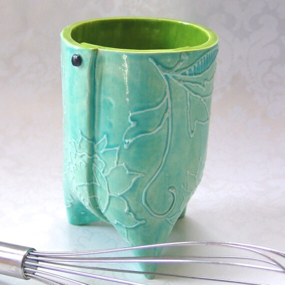 ceramic utensil holder turquoise & lime decor by maryjudy