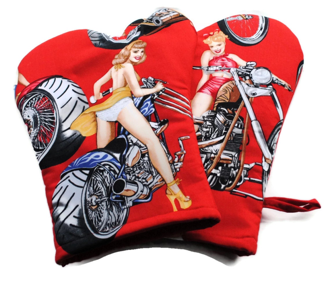 Handmade Oven Mitts set of 2 Hot Bikers Chicks in Red