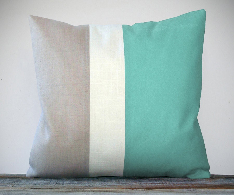 20in Color Block Pillow in Mint, Cream and Natural Linen by JillianReneDecor Summer Home Decor Colorblock Striped Trio Grayed Jade Pastel - JillianReneDecor