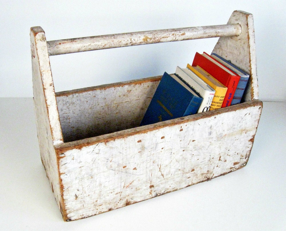 vintage white wooden tool box tote