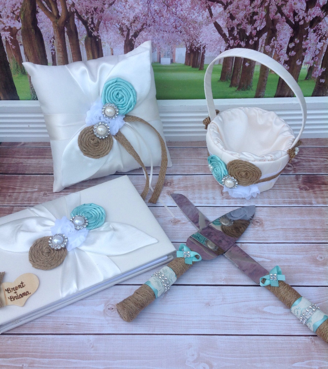 YOU DESIGN / flower girl basket , ring bearer pillow , guest book , cake knife set / burlap and navy 