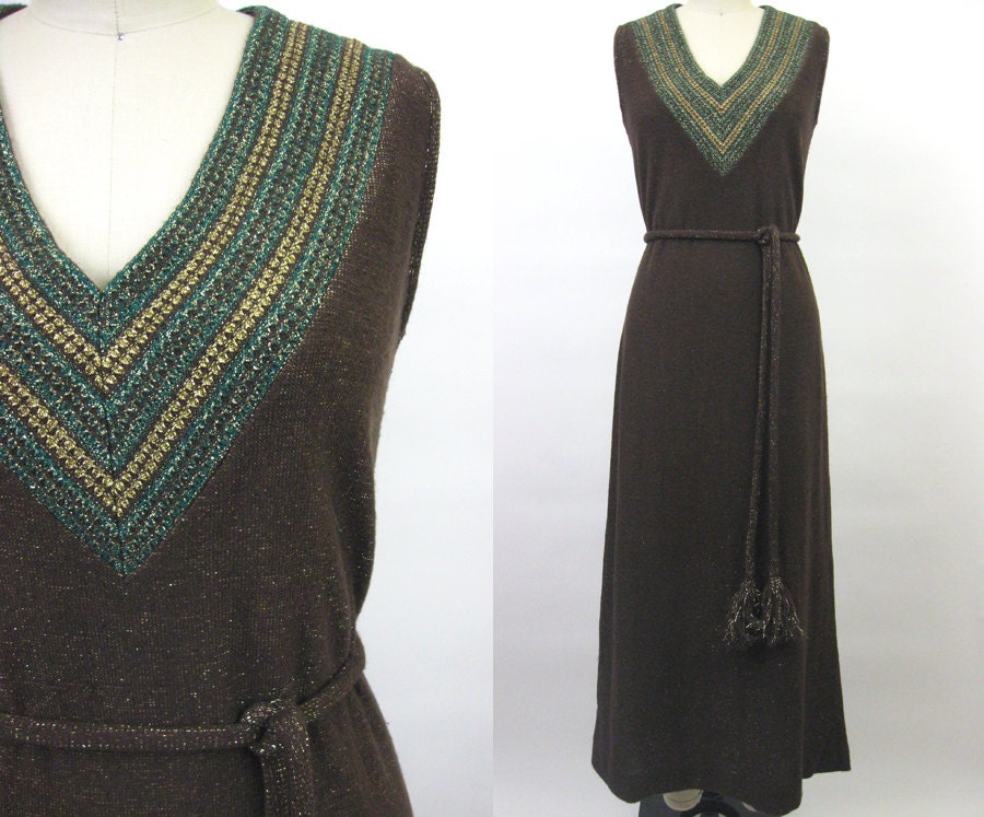 Vintage 70s Diva Sleeveless Maxi Knit Sweater Dress // Brown Green Gold Sparkle // Chevron Stripe V-Neck //  Tassel Belt // Boho // M - Threadhunter