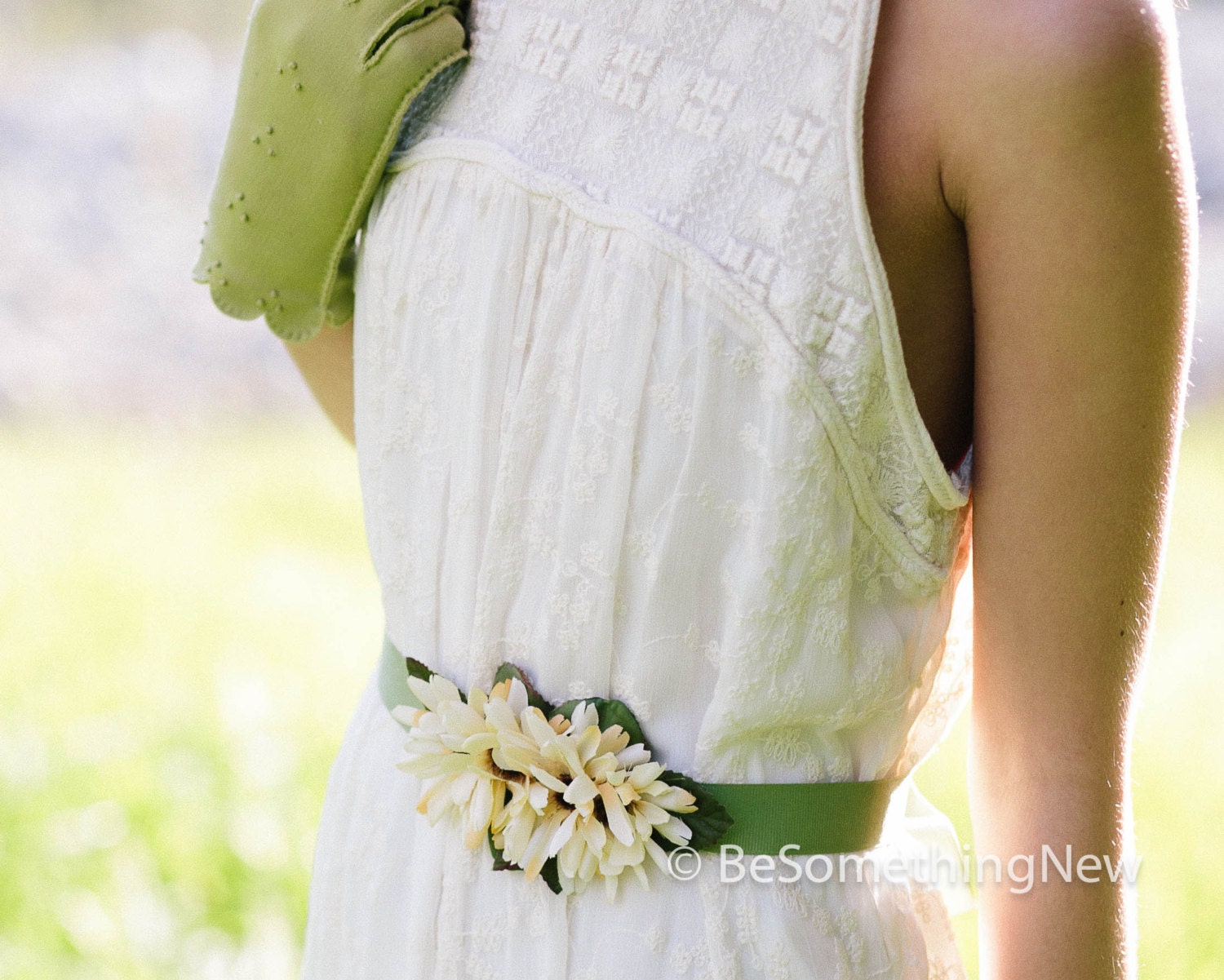 sage green and daisies wedding dress sash, wedding accessories, bridesmaid sash - BeSomethingNew