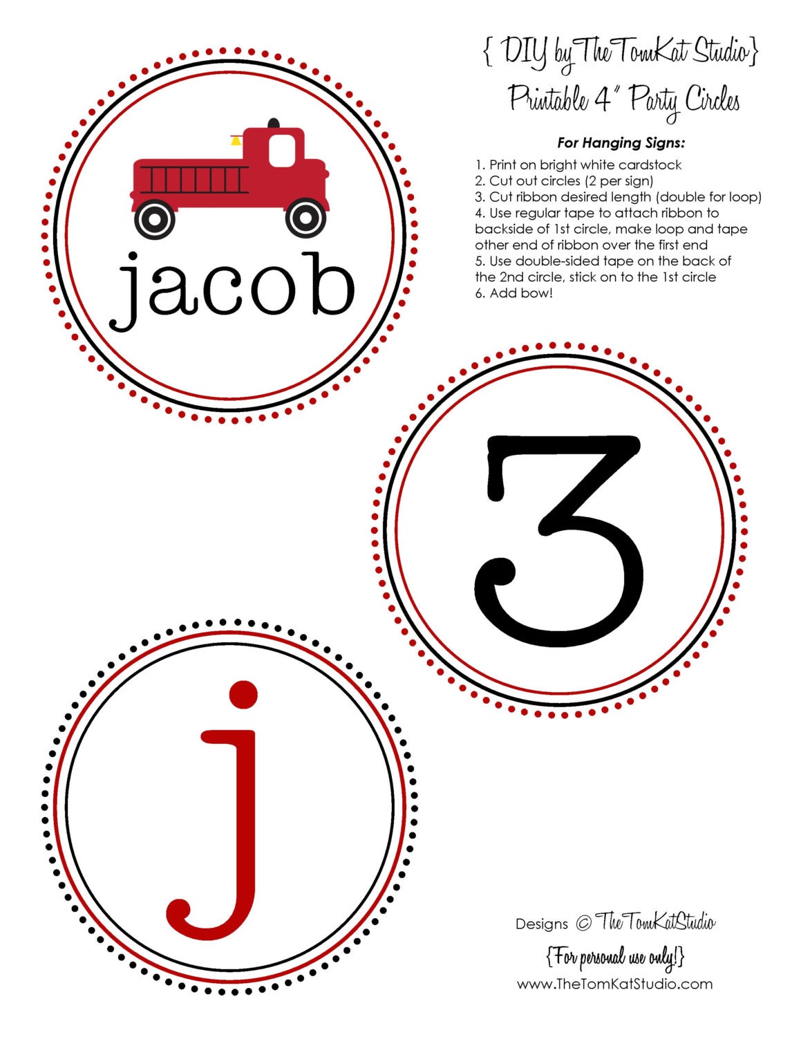 Firetruck Party Printable 4 inch Party Circles by The TomKat Studio Il_570xn