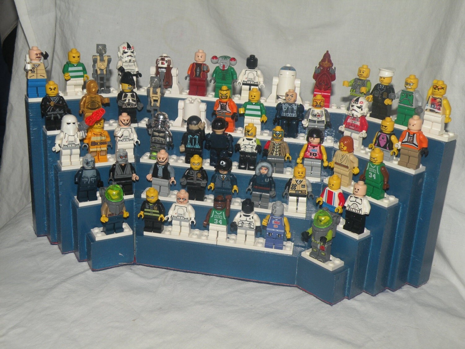Handcrafted Wooden Star Wars Lego Minifigure Tabletop Display Shelf, Gloss Blue with White Lego plates