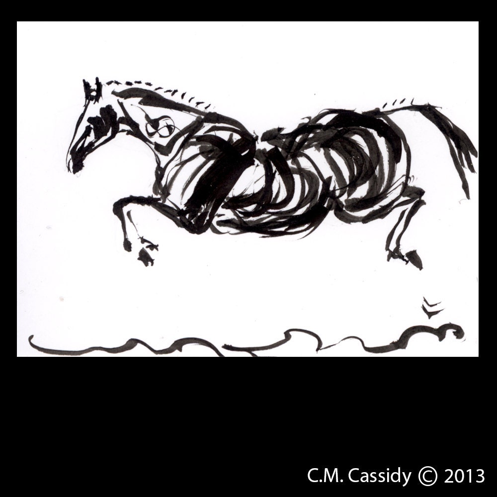Horse Art: Flight. Original India Ink Drawing. Horse Jumping. Black Ink on White Paper. ATC. ACEO.