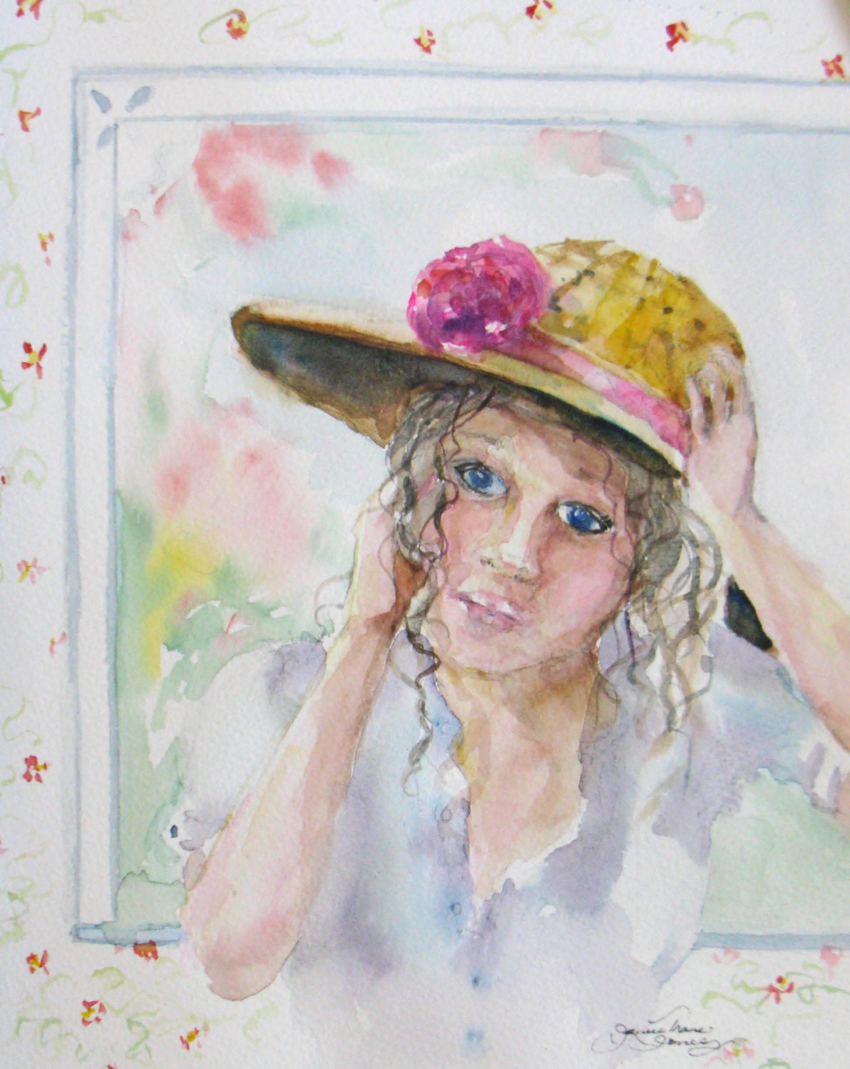 girl in hat impressionism original portrait watercolor painting 8 x 10 victorian fine art - JaniceTraneJones