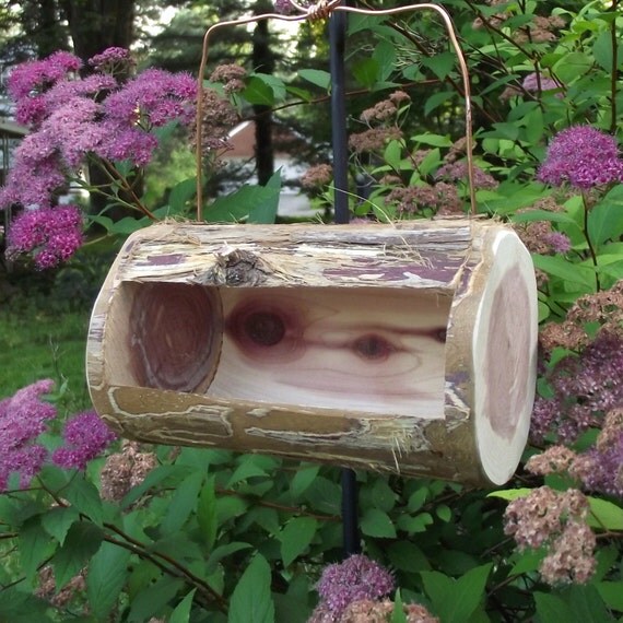 Cedar Log Bird Feeder Handmade From Reclaimed Tree Branch