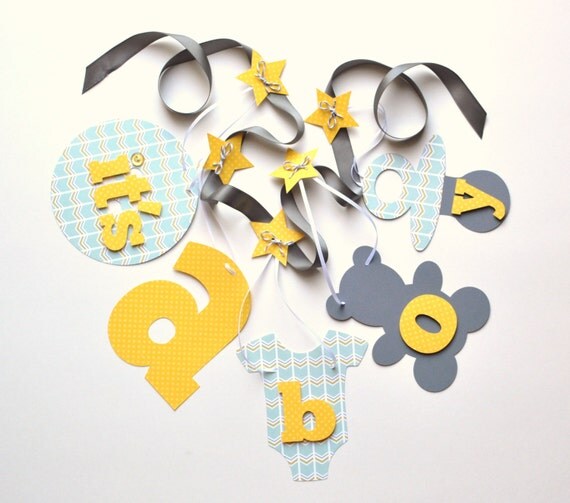 Baby shower banners decorations yellow mint blue grey chevron it's a boy banner by ParkersPrints on Etsy Il_570xn