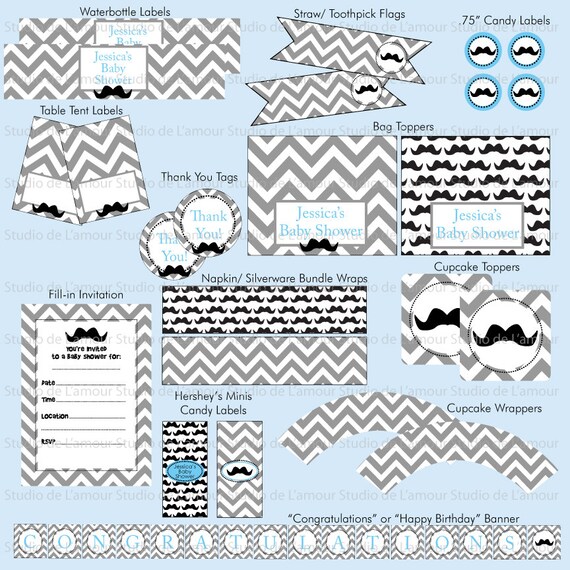 PRINTABLE DIY Mustache Theme Birthday or Baby Shower PDF Party Package Il_570xn