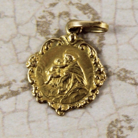 18K Madonna and Child Religous Gold 1950s Pendant by scdvintage