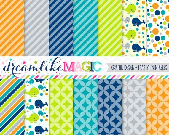 Sweet Whales Boy Hues- Digital Paper Pack for Personal or Commercial Use Il_570xn