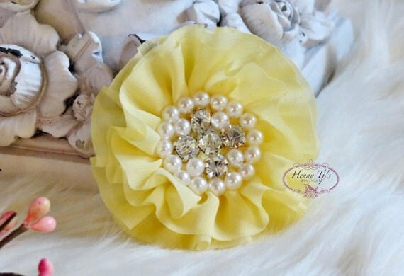 New to Shop Reilly Collection: 2 pcs LIGHT YELLOW Soft Chiffon Ruffled Fabric Flowers w/ Rhinestones Pearls - Layered Bouquet fabric flowers