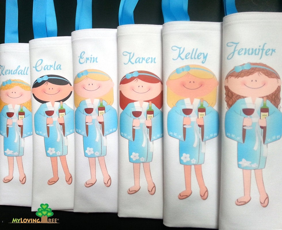 Personalized bridesmaids kimono spa girl gift bags in turquoise blue bridal shower party give aways favors bags Il_570xn