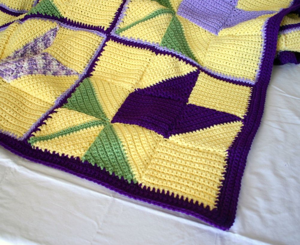Crochet afghan large flower blanket tulip throw purple yellow green bedding spring home decor granny squares pretty