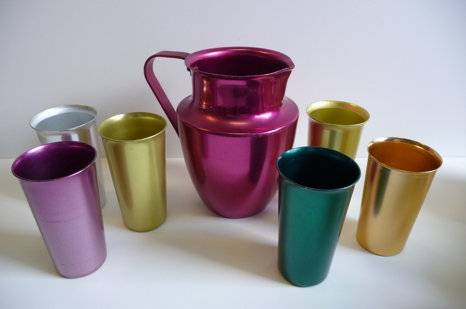 cups 6   vintage Hot Anodized Vintage cups Pink Aluminum Ware Norben and Pitcher aluminum