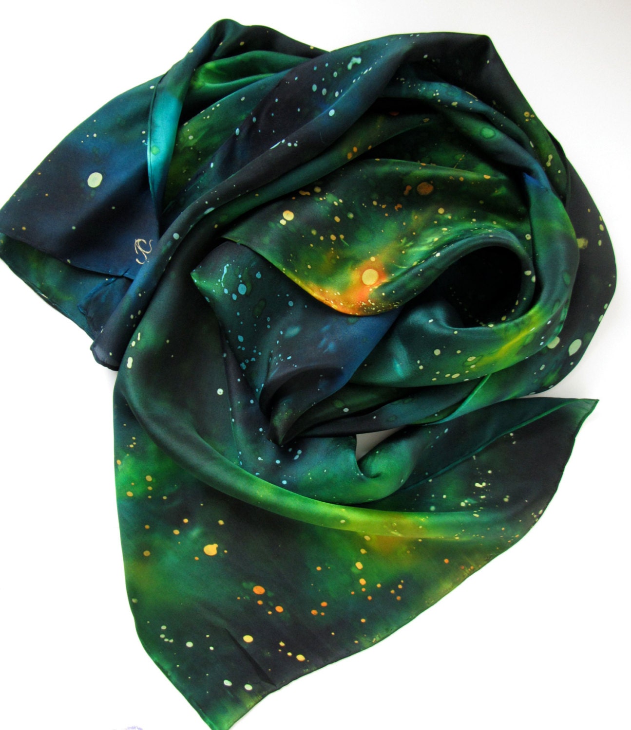 Silk Scarf, Hand Painted - Galaxy Scarf in Emerald Tones - Northern Lights - Celestial Wearable Art - Ready to Ship