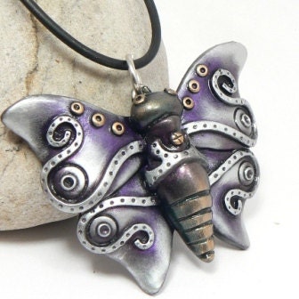 Steampunk Butterfly Pendant Iridescent Purple Green Metallic Silver Wings