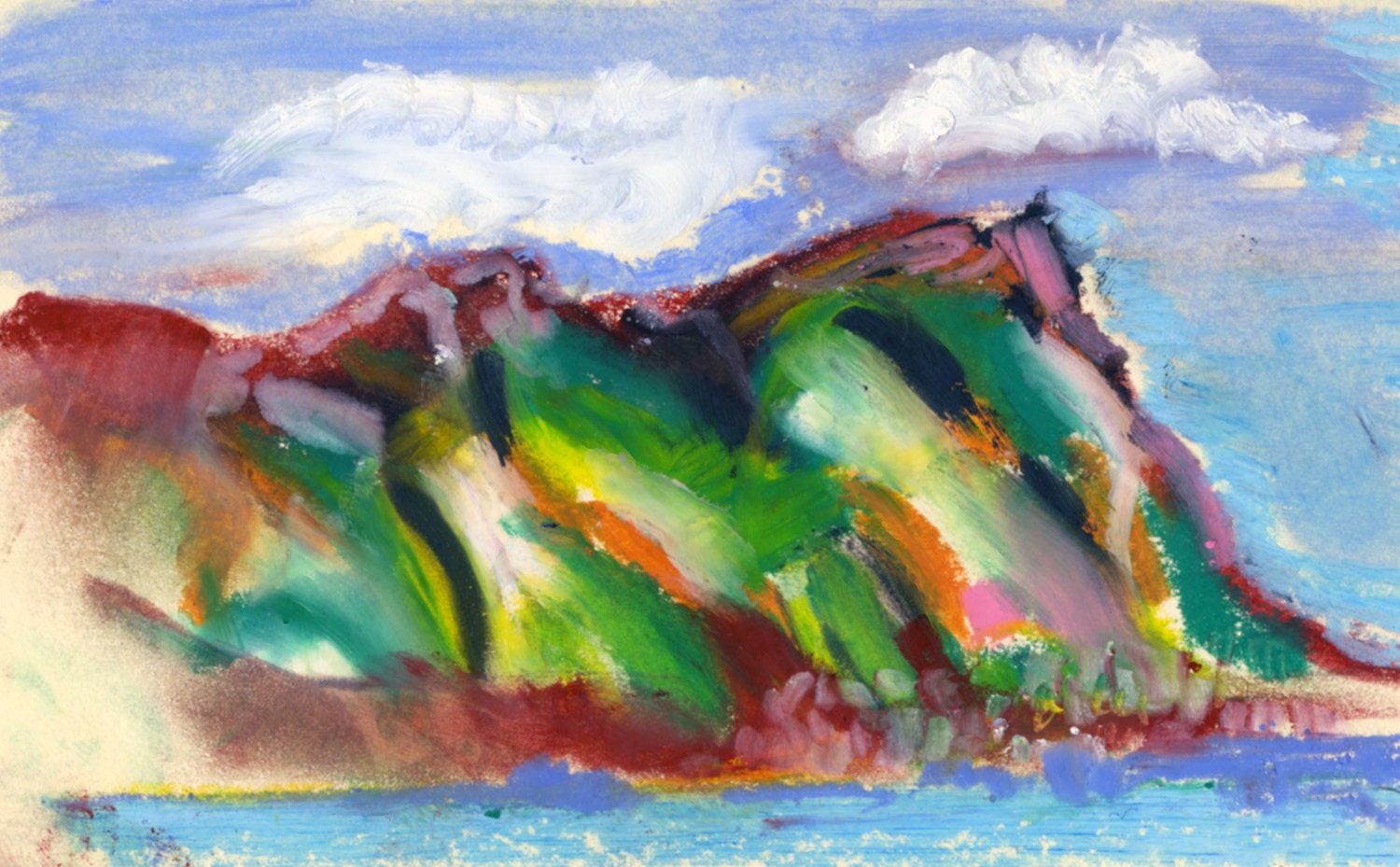 Wild Clouds flying over False Bay Mountain to the sea - vibrant Oil Pastel drawing. Limited Edition print one of only 25 - artsdesireable