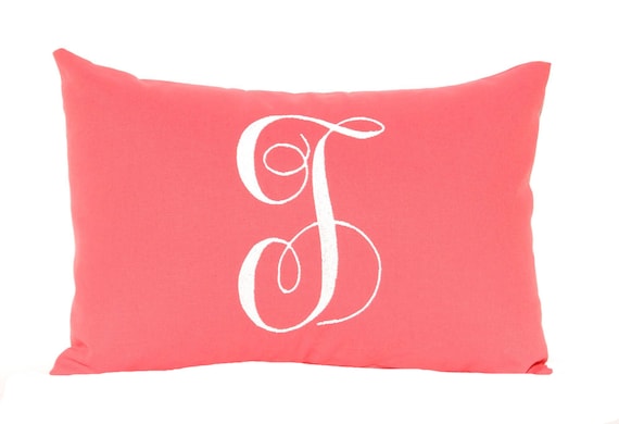 Monogrammed Pillow Cover Letter Pillow Solid Coral Pillow Embroidered Initial Monogram 12 x 16 Personalized Gift  Baby Wedding