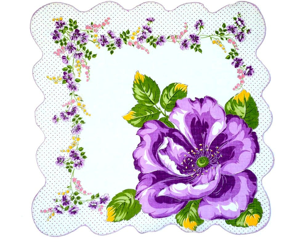 VINTAGE HANKIE Mid-Century Giant Single Purple Rose, Scalloped Corded Hem, Polka Dot Floral Border, 3 Matching, Excellent Condition - CUSHgoods