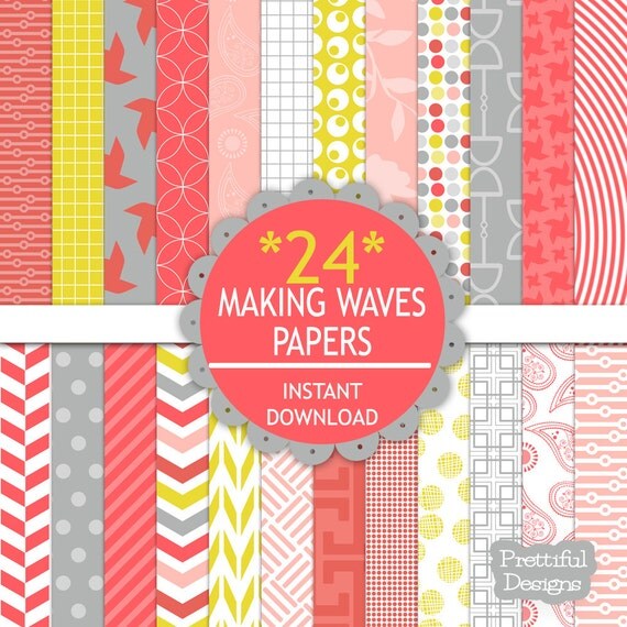 50% OFF SALE Digital Paper Pack Shades of Pink Gray Yellow Chevron Greek Key Making Waves (647) Il_570xn