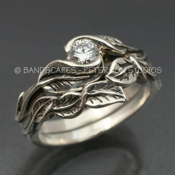 WEDDING RING SET -Delicate Leaf Engagement ring with matching Wedding ...