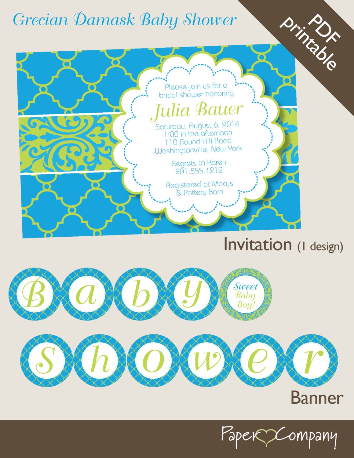 Grecian Damask Baby Shower Boy Party Pack Printable, diy Il_570xn