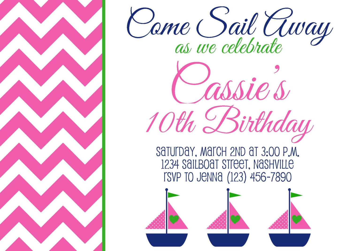 Sailboat - Pink and Navy Birthday or Shower Invitation - Girl DIY Printable Il_570xn