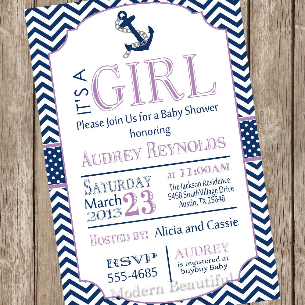 Girl nautical baby shower invitation, chevron baby shower invitation, navy and purple invitation, nautical, navy, purple, digital file Il_570xn