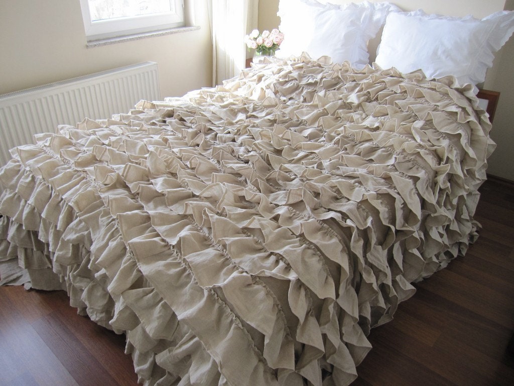 Oatmeal beige Waterfall Ruffled Bedding - Queen bedspread - coverlet blanket Linen-Shabby chic country bedding- Turkish  Buldan fabric - nurdanceyiz