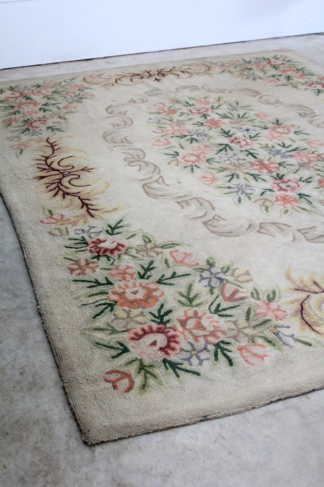 SALE SALE Vintage Hooked Rug / Floral Room Rug by 86home on Etsy