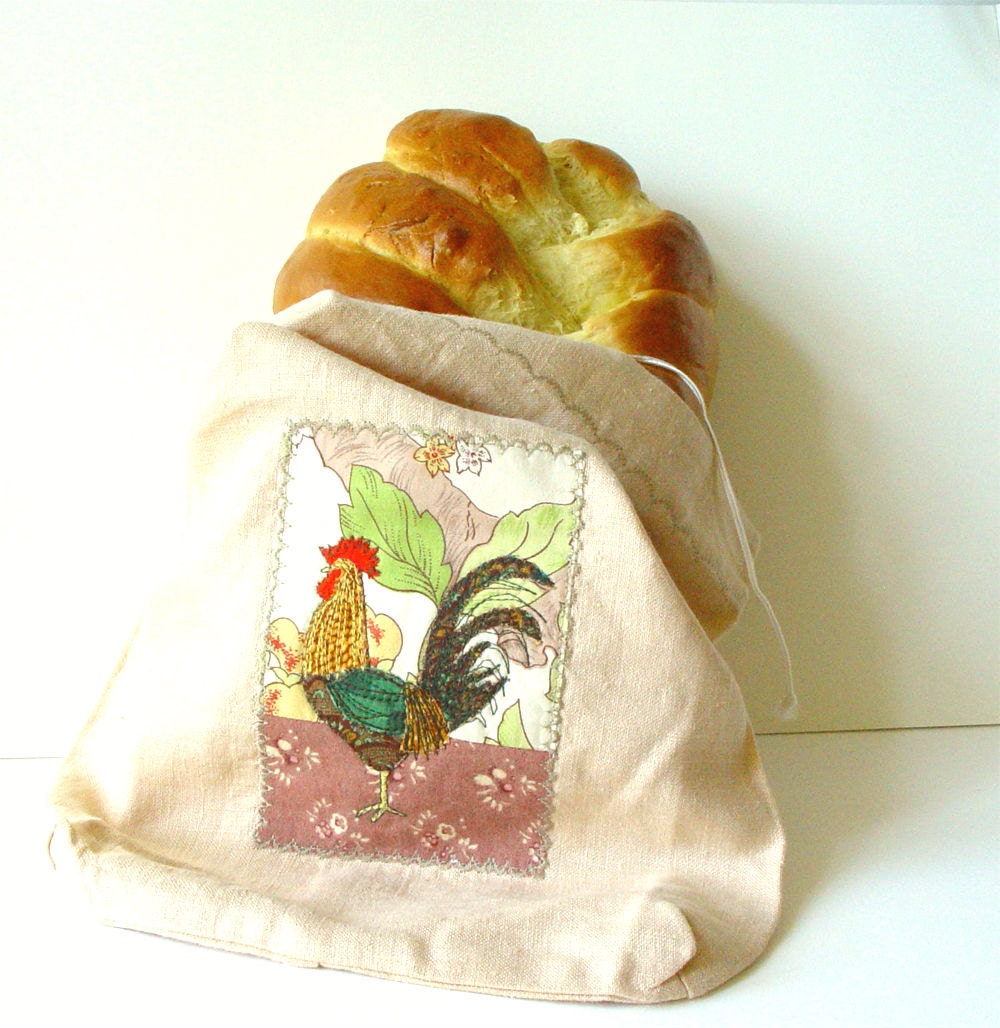 Reusable Rooster Bread Bag, Linen Snack Bag, eco friendly lunch pouch, neutral green
