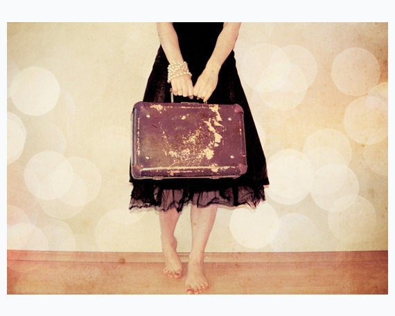 Bon Voyage Mademoiselle - whimsical fine art photography - girl with a vintage suitcase - 5x7 print - MyMonography