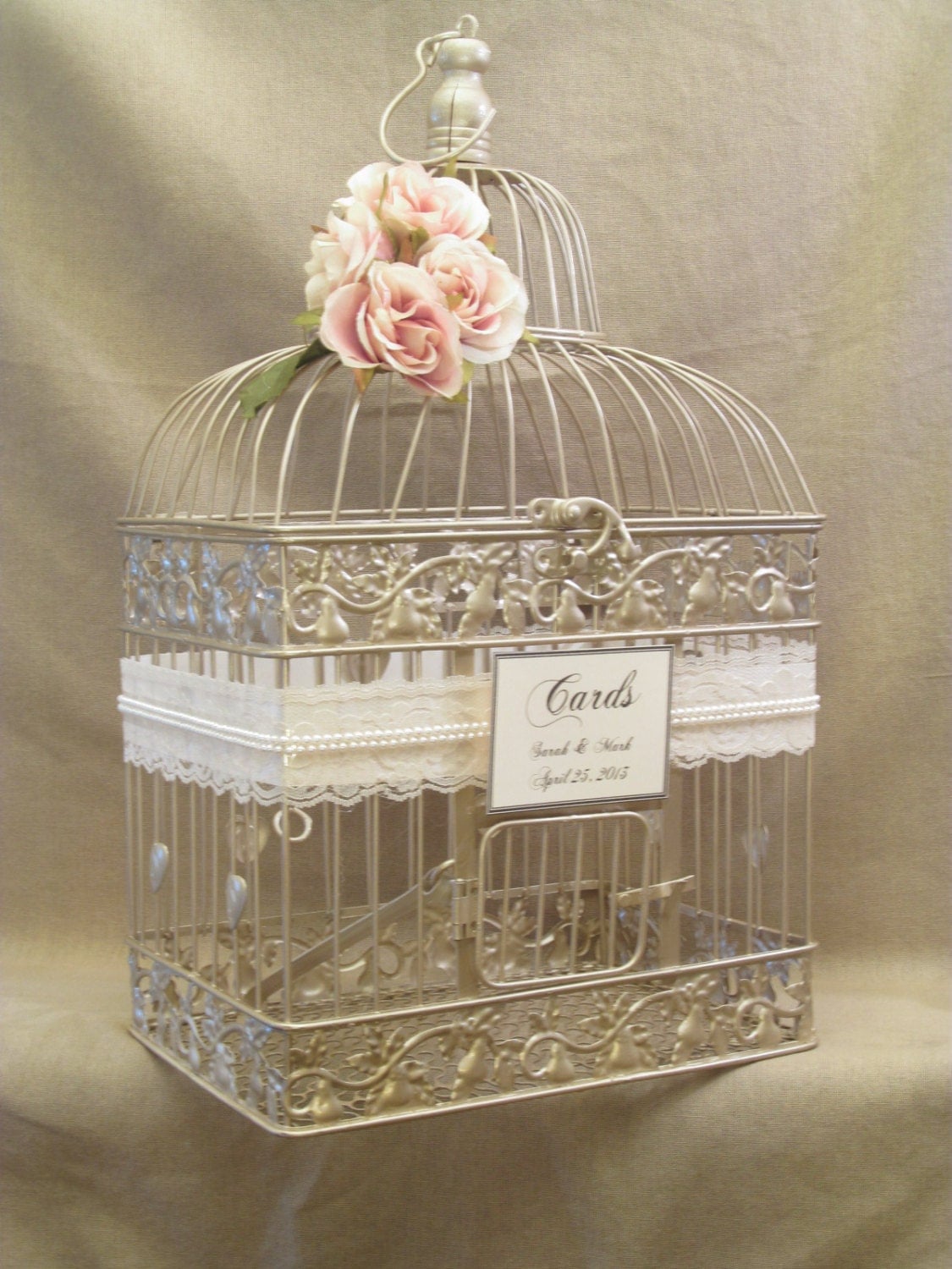 Wedding Card Box / Champagne Birdcage / Pearls / Bird Cage Wedding Card
