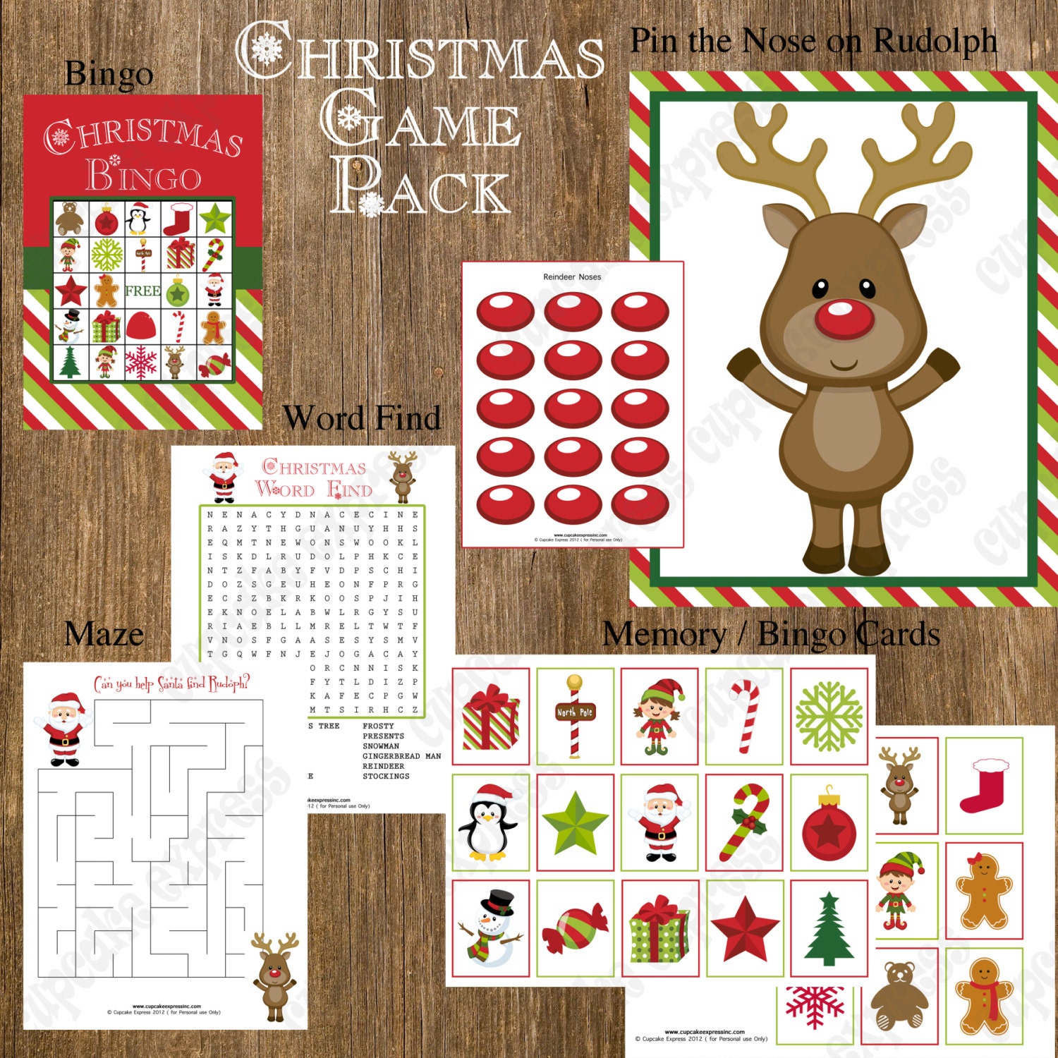 INSTANT DOWNLOAD Sale 50% off Christmas Game Pack Party PRINTABLE Bingo pin the nose on rudulph maze word find memory Il_570xn