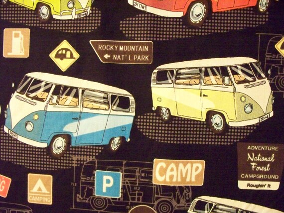 Retro VW Bus Signs Black Cotton Fabric by scizzors on Etsy