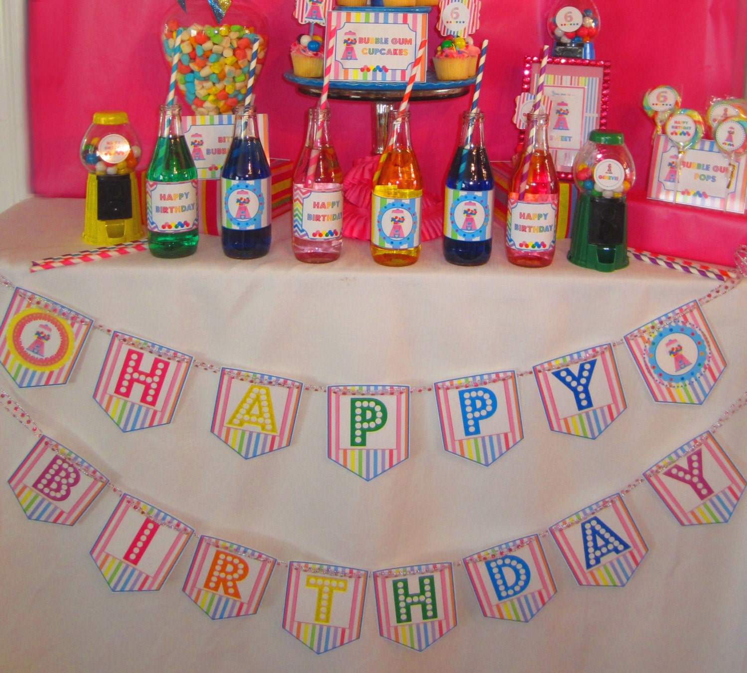 Pink Bubble Gum Happy BIRTHDAY PRINTABLE BANNER - Instant Download - Bella Bella Studios Il_570xn
