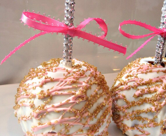Pink and Gold Caramel White Chocolate Apples with Silver Bling Sticks ...