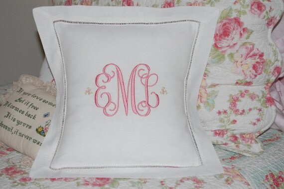 White Monogrammed Linen Hemstitch Pillow