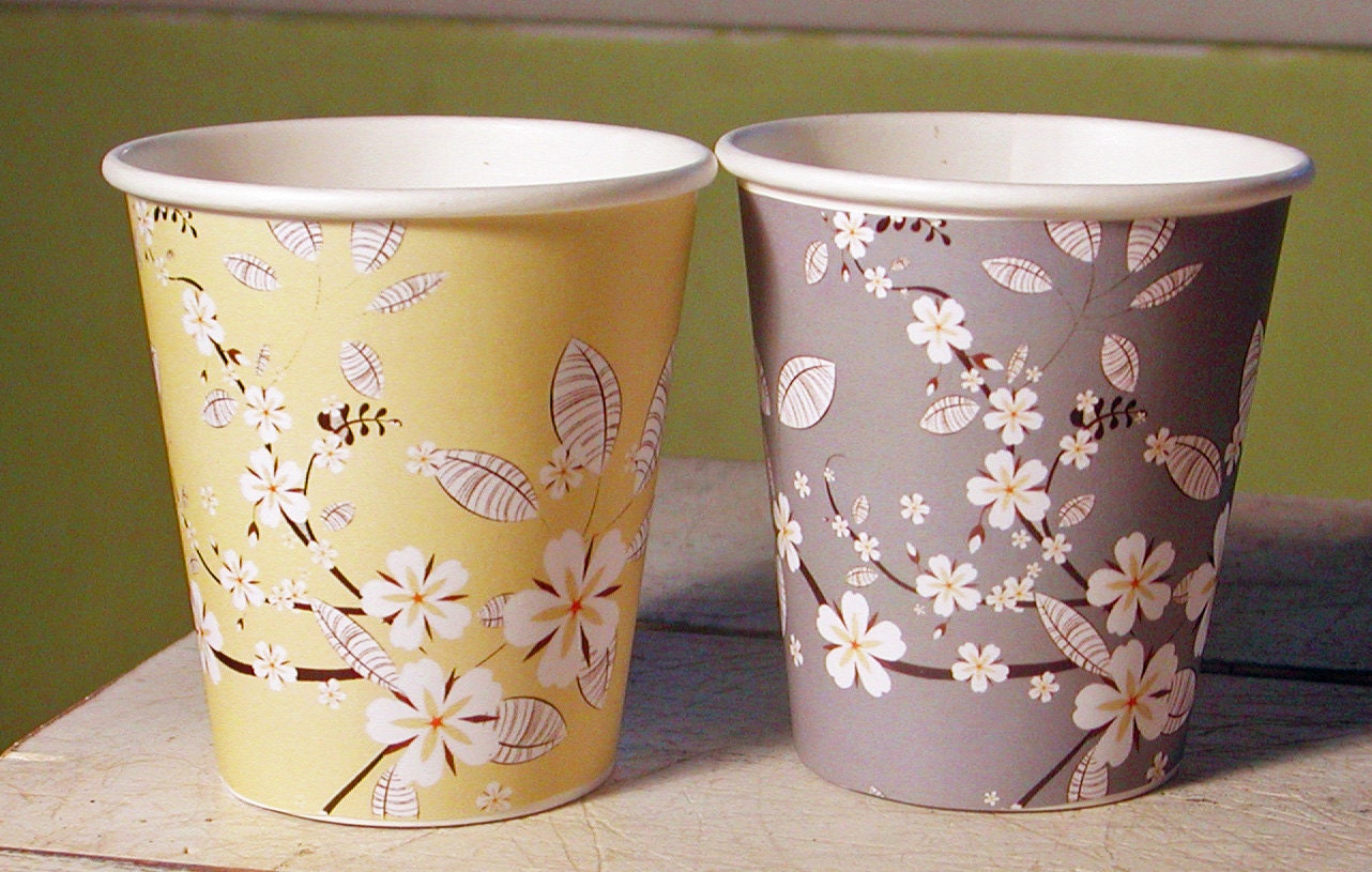 Vintage Style Grey and Yellow Print Hot/Cold Paper Party Cups - Set of 12 Il_570xn