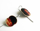 hand painted jewelry black and orange textured brass earrings OOAK two tone - lucialaredo