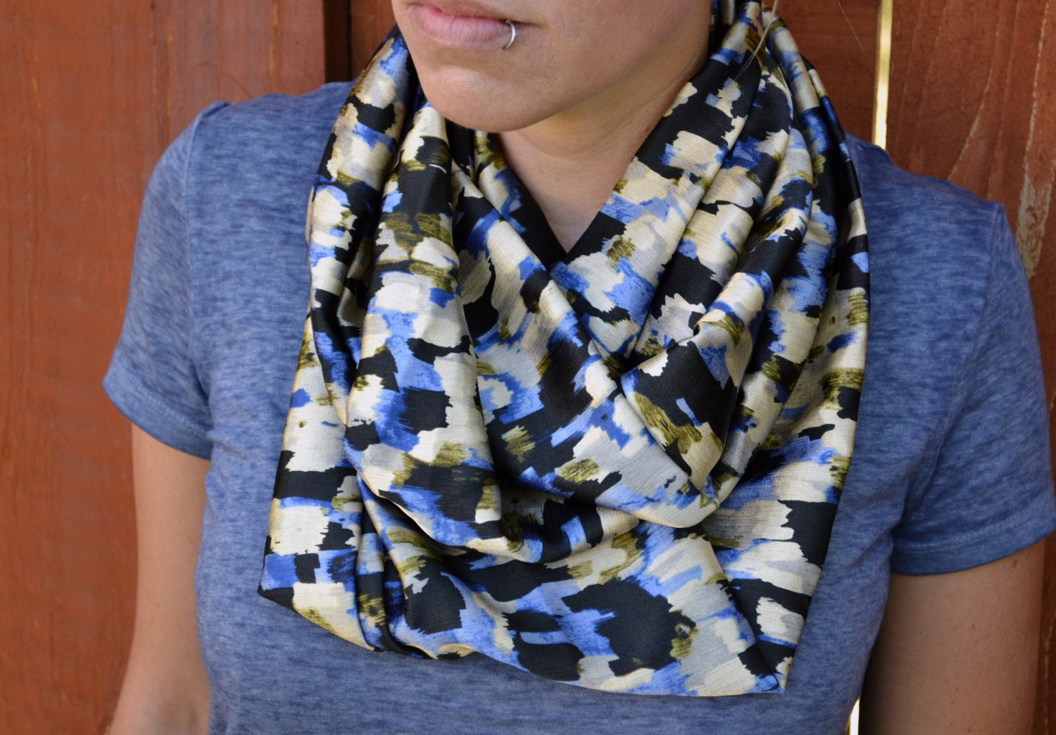 Spring infinity scarf, cowl, neck tie, summer fashion in cream and blue