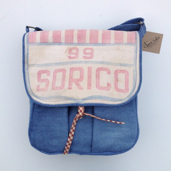 Repurposed  Blue Denim & Vintage Grain Sack Messenger Bag