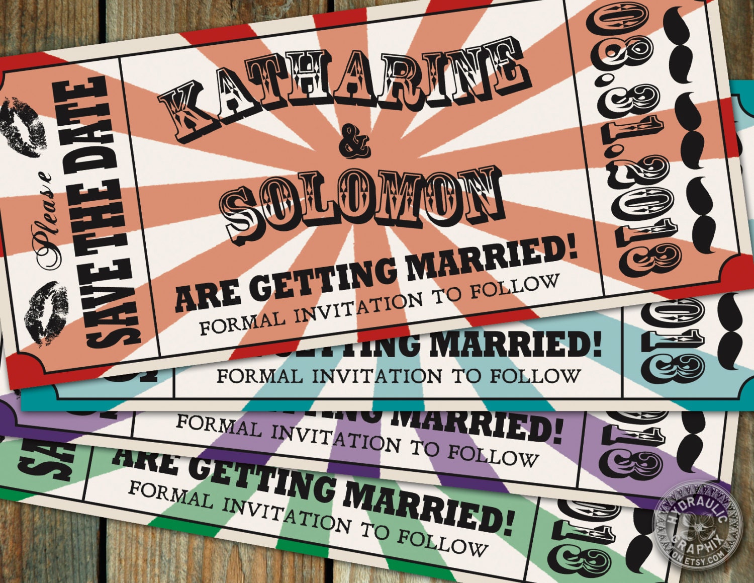 Wedding Save the Date Ticket for a Circus, Carnival theme wedding with kissy lips or kiss print and mustache Il_570xn