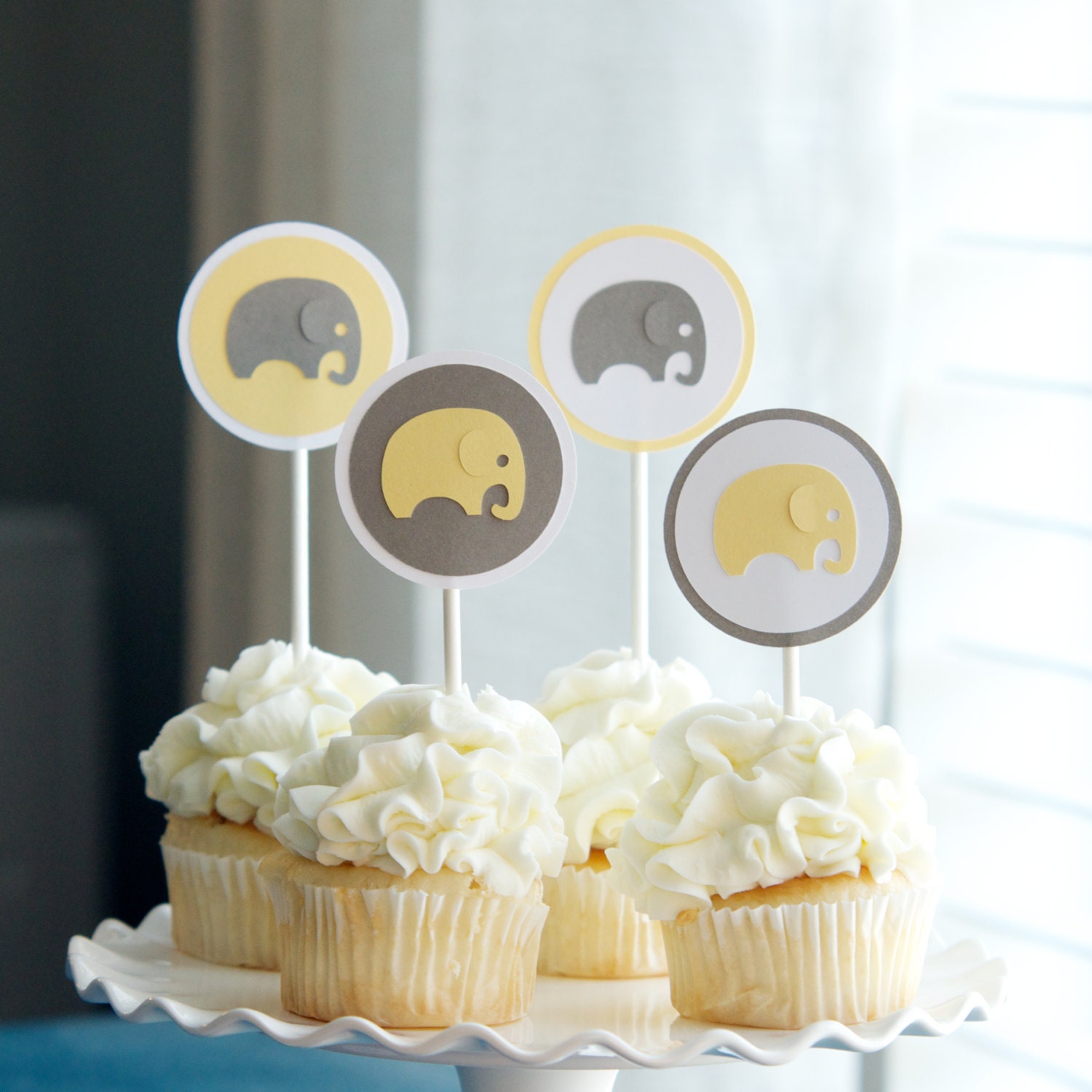 Elephant Cupcake Toppers, Baby Shower Decor, Yellow Gray Il_570xn