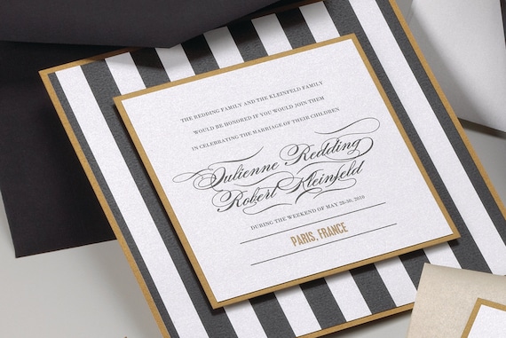 Stripe Black white and Gold Wedding Invitation
